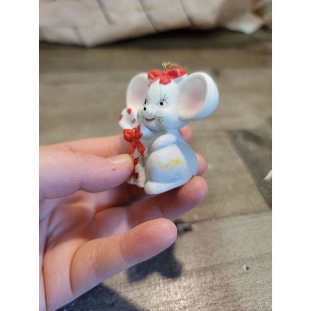 Ceramic AS IS white mouse candy cane bow xmas ornament